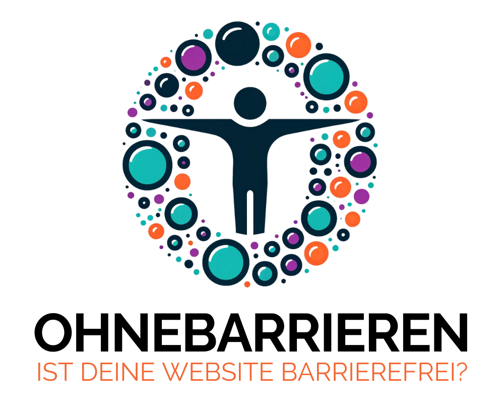 Grafik, die eine Menschenfigur mit umgebenden bunten Kreisen und darunter dem deutschen Text „Ist deine Website barrierefrei?“ zeigt.