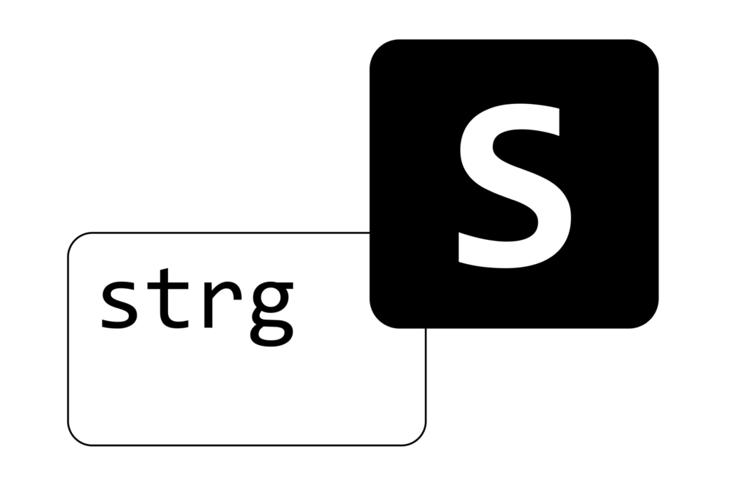 Eine visuelle Darstellung der Tastenkombination zum Speichern einer Datei: eine Taste mit der Bezeichnung „strg“ (Control) und ein Buchstabe „S“, der die Kombination der Tasten Control und S angibt.